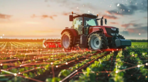 trattore su un campo con grafiche tech